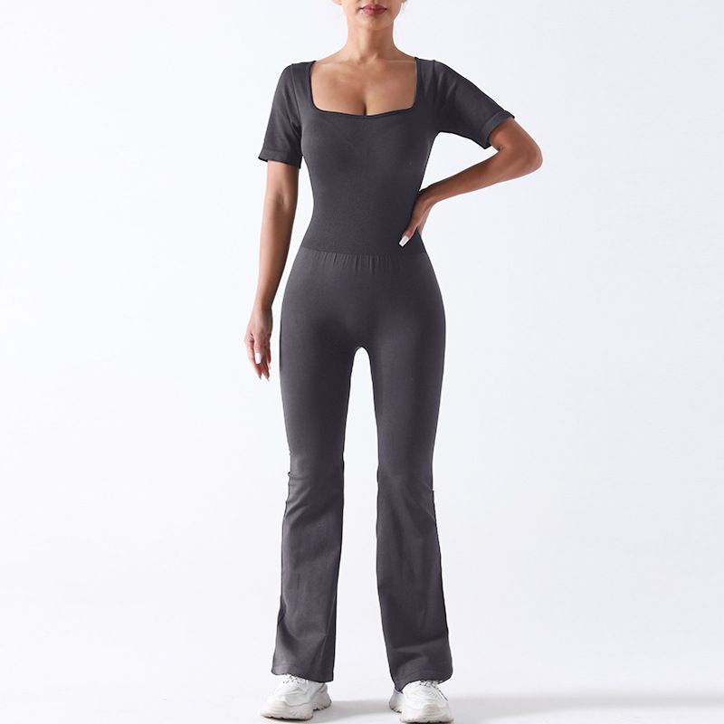 Baoshun Cross-Border No Chest Pad One-Piece Suit Short Sleeve Square Neck Wide Leg Long Pants Yoga Jumpsuit Slim Fit_voghion.com