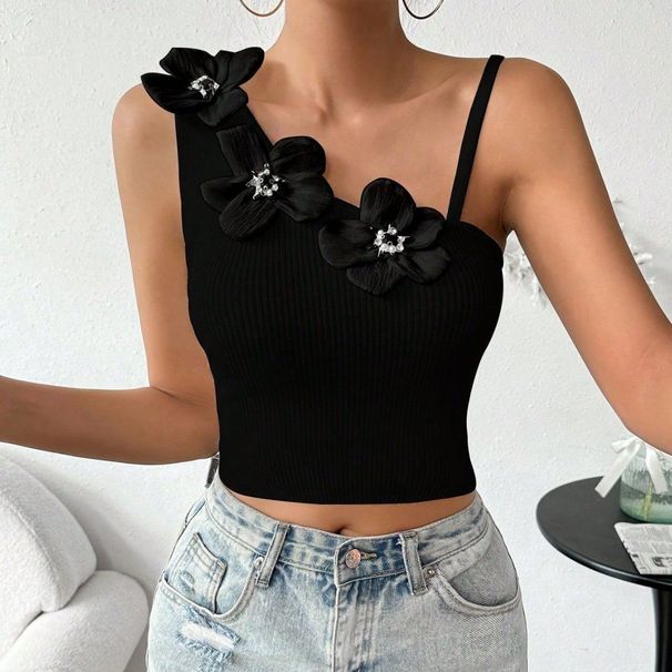 Schlichter dreidimensionaler Pullover mit Blumenmuster, unregelmäßig, kurz, schmale Passform, süßes Camisole-Oberteil_voghion.com