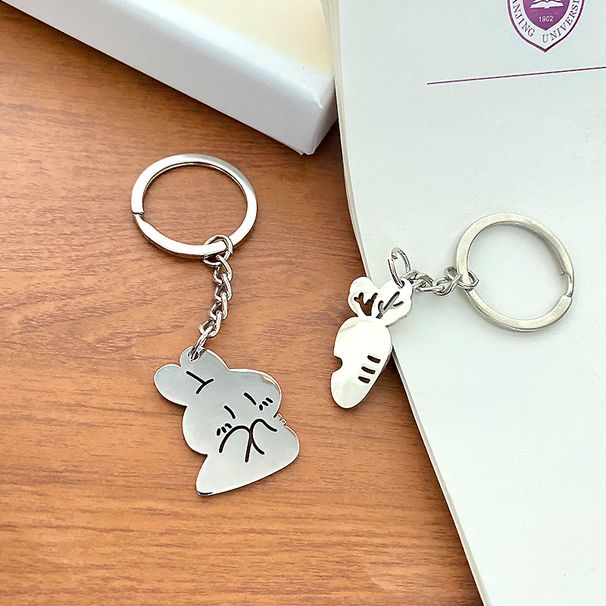 Portachiavi in acciaio inossidabile 304 con ciondolo a forma di coniglio e carota, stile coppia, un paio di simpatici cartoni animati._voghion.com