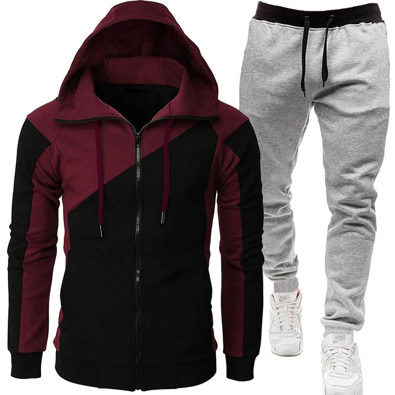 Autumn and winter foreign trade sports two-color splicing coat long men plus fleece thick sports suit two-piece set_voghion.com