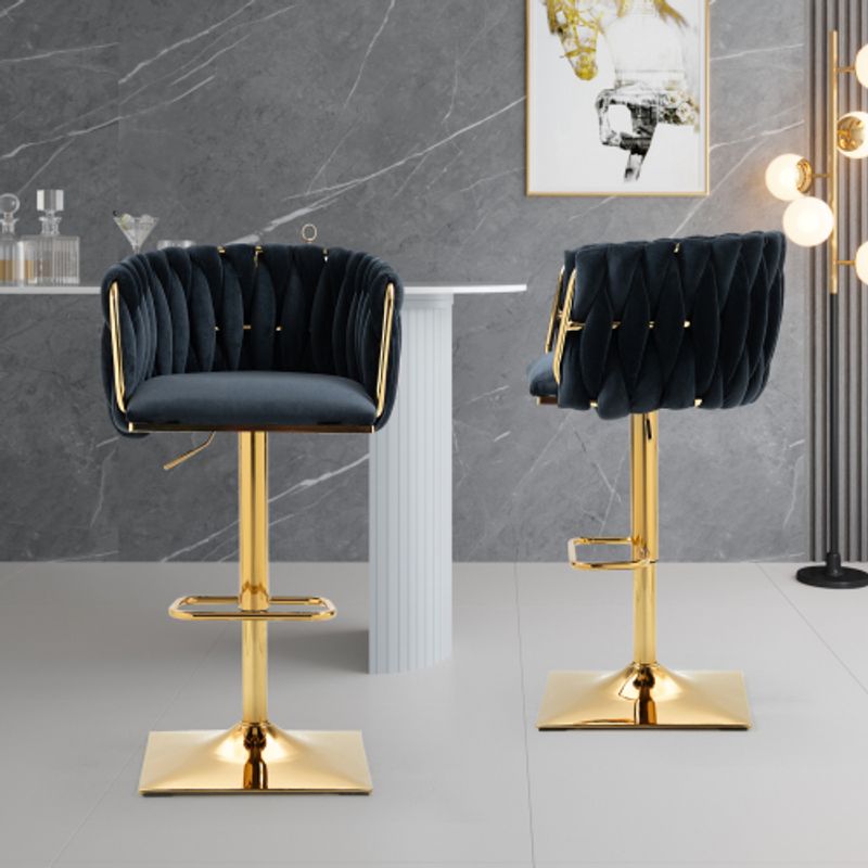 Moderne Mode Einstellbare Samt Hohe Barhocker Satz Von 2, Hand Gewebt Swivel Barhocker, Höhenverstellbar, Barhocker Mit Fußstütze Edelstahl, Schwarz_voghion.com