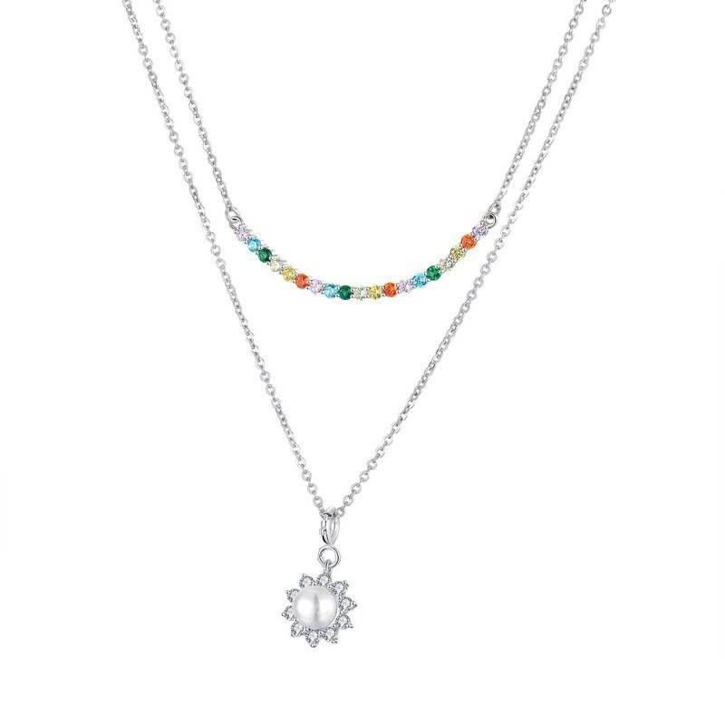 Double Layered Pearl Zircon Necklace Sterg Sier Jewelry_voghion.com