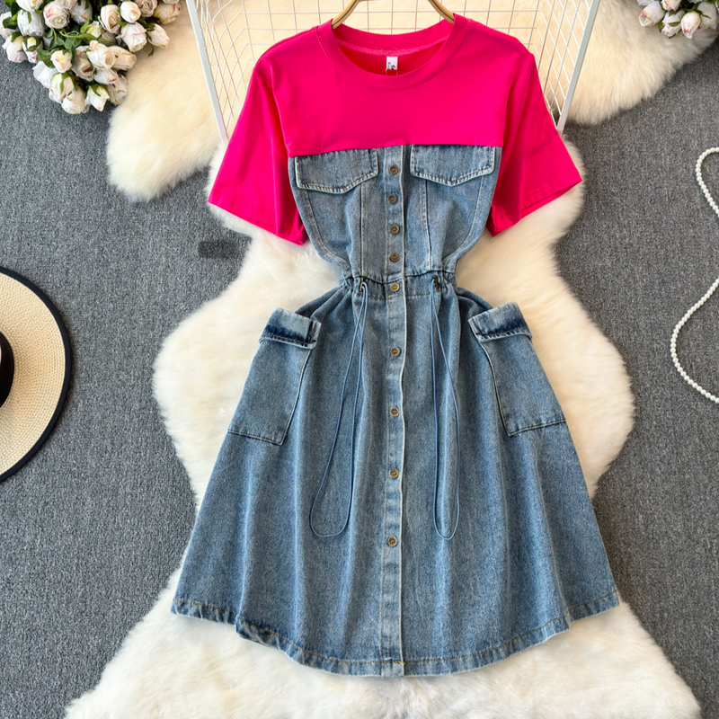 Women's Clothing Fashion Two Piece Short Sleeved Round Neck Patchwork Waist Slimming Medium Length A Line Denim Dress_voghion.com