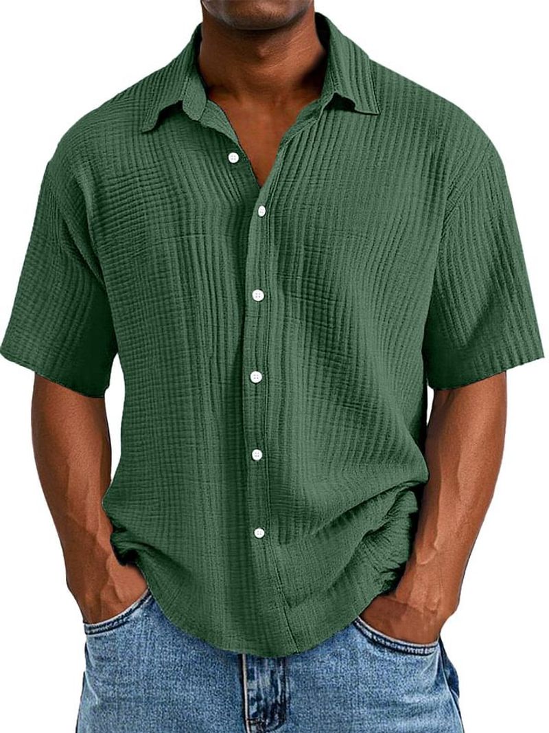 Camicia a nido d'ape a maniche corte con risvolto sottile, casual e stampa di tendenza per abbigliamento maschile_voghion.com