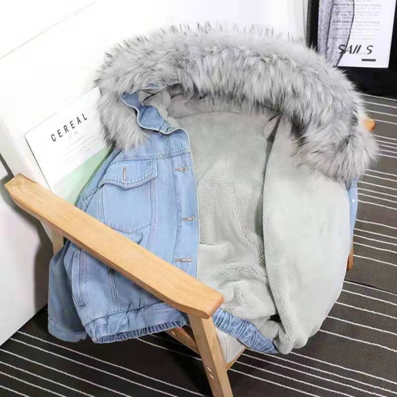 Jachetă denim pentru femei, toamnă și iarnă, nouă, în stil coreean, pentru studente, plus catifea, îngroșată, cu guler mare de blană, jachetă cu glugă pentru femei_voghion.com
