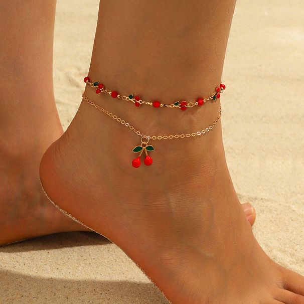 Set di ciliegie di alta qualità per donna, alla moda estiva, con cavigliera in smalto rosso fresco_voghion.com
