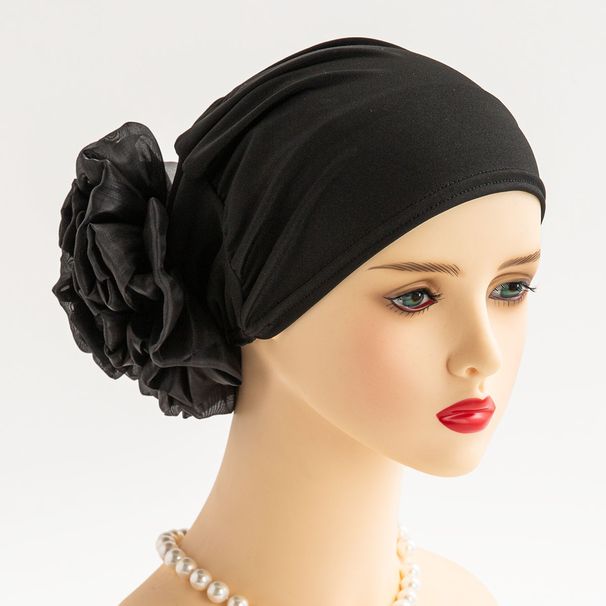 Novo chapéu turbante feminino com flores grandes, chapéu turbante do Oriente Médio, chapéu pulôver de tecido elástico, decoração clássica de flores, festa da moda_voghion.com