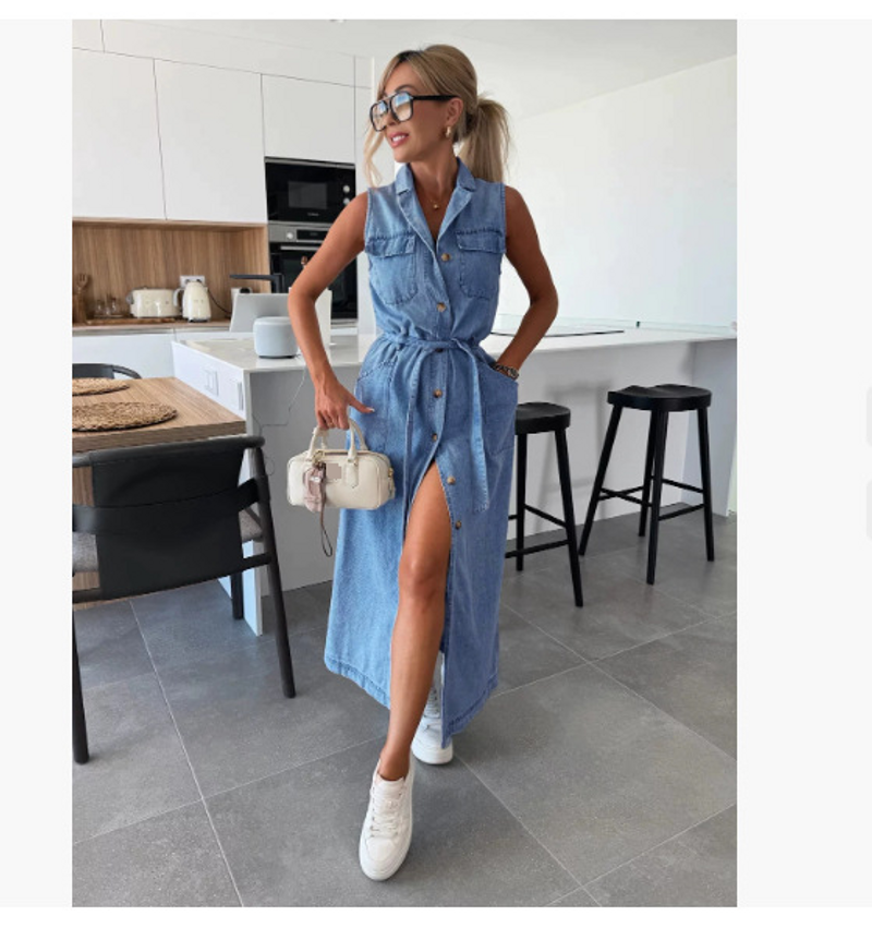 Women's Clothing New Sleeveless Long Lace Up Waist Single Breasted Denim Dress NZ88_voghion.com