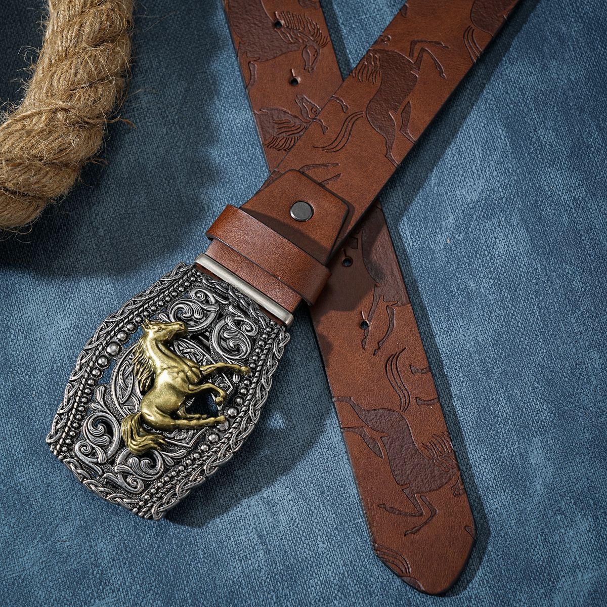HOT Men & Women-Western-Cowboy-PU Leather-Belts - Vintage horse Floral Engraved Buckle Belt for Jeans_voghion.com