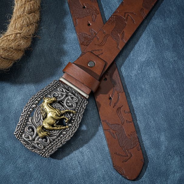 HOT Men & Women-Western-Cowboy-PU Leather-Belts - Vintage horse Floral Engraved Buckle Belt for Jeans_voghion.com