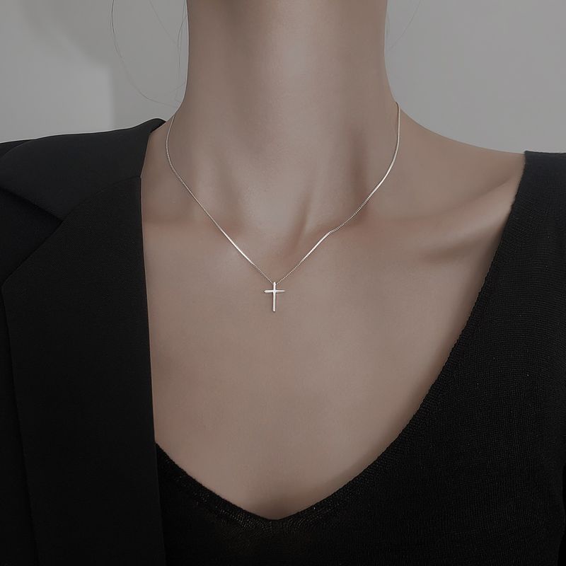 Hot Selling Trendy Smooth Cross S Pure Silver Necklace, New Trendy Collar Design for Women's Jewelry, Light Luxury Niche Sweater Chain Accessories_voghion.com