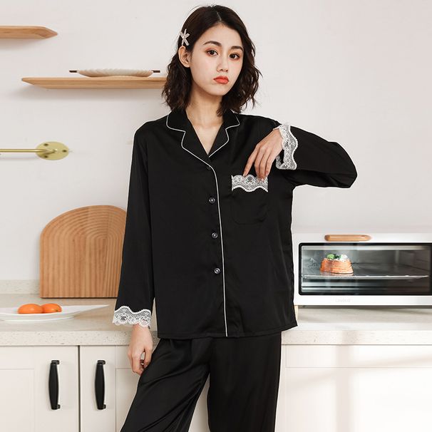 Light Luxury Lace Splicing Ice Silk Pajamas Women's Thin Long-sleeved Two-piece Silk Loungewear_voghion.com