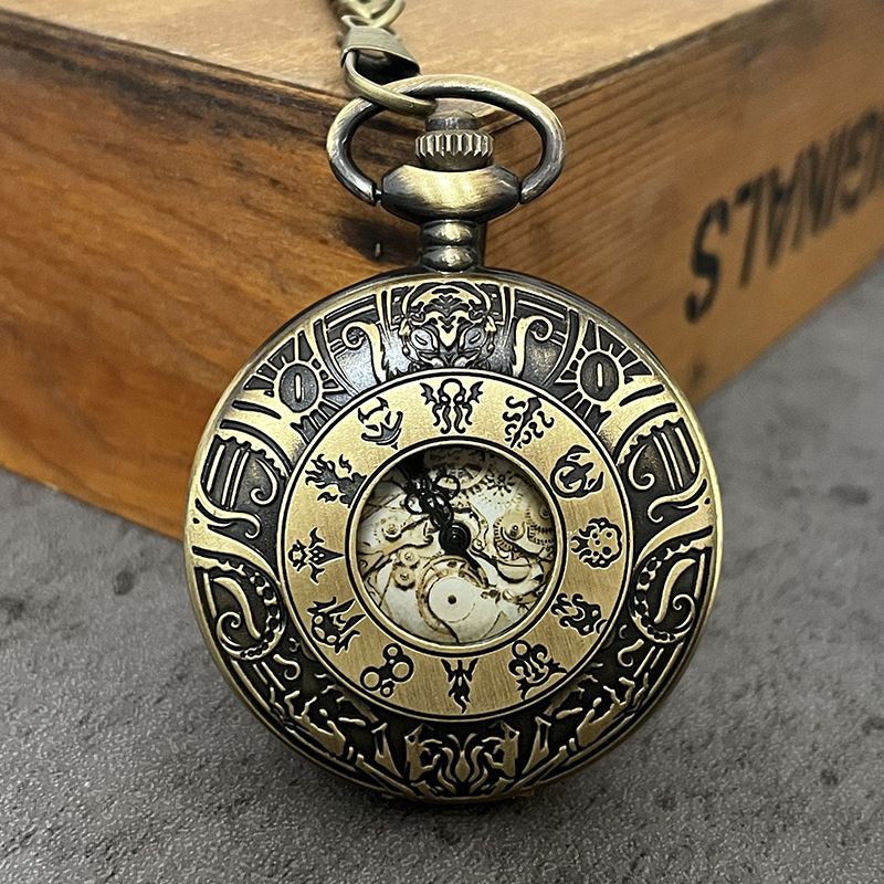 New Creative Hollow Flip Cover Gear Pattern Antique Brass Pocket Watch_voghion.com