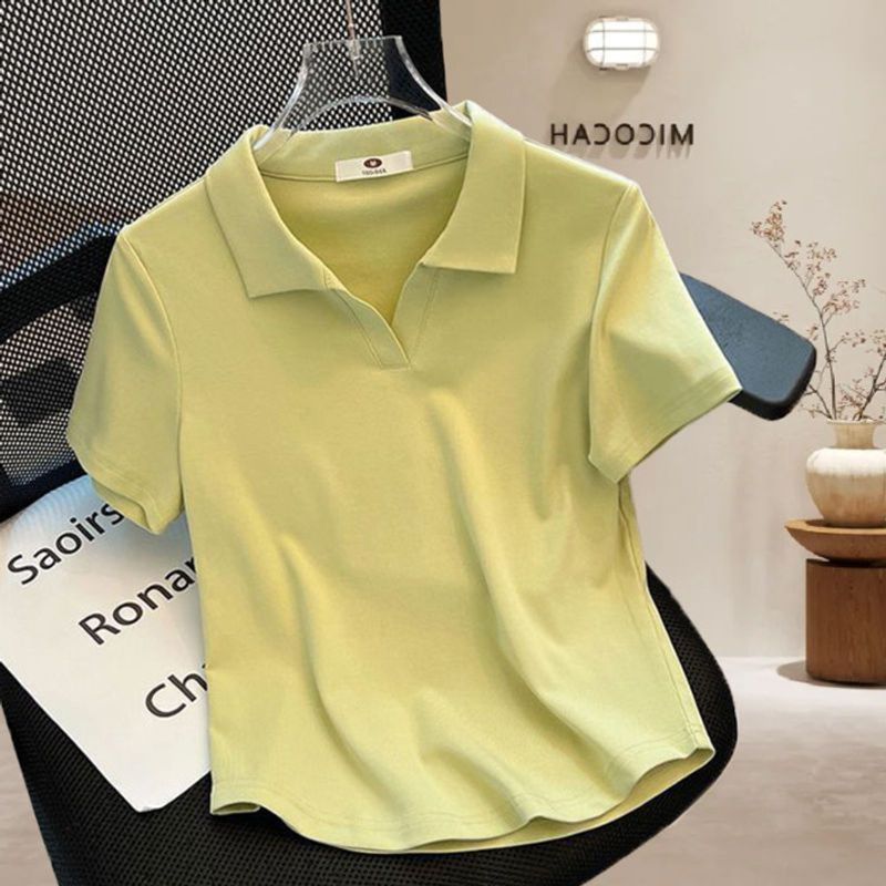 Women's Clothing New White Straight Shoulder Polo Collar Short Sleeved T Shirt For Women Slim And Versatile Blank Version T Shirt Top_voghion.com