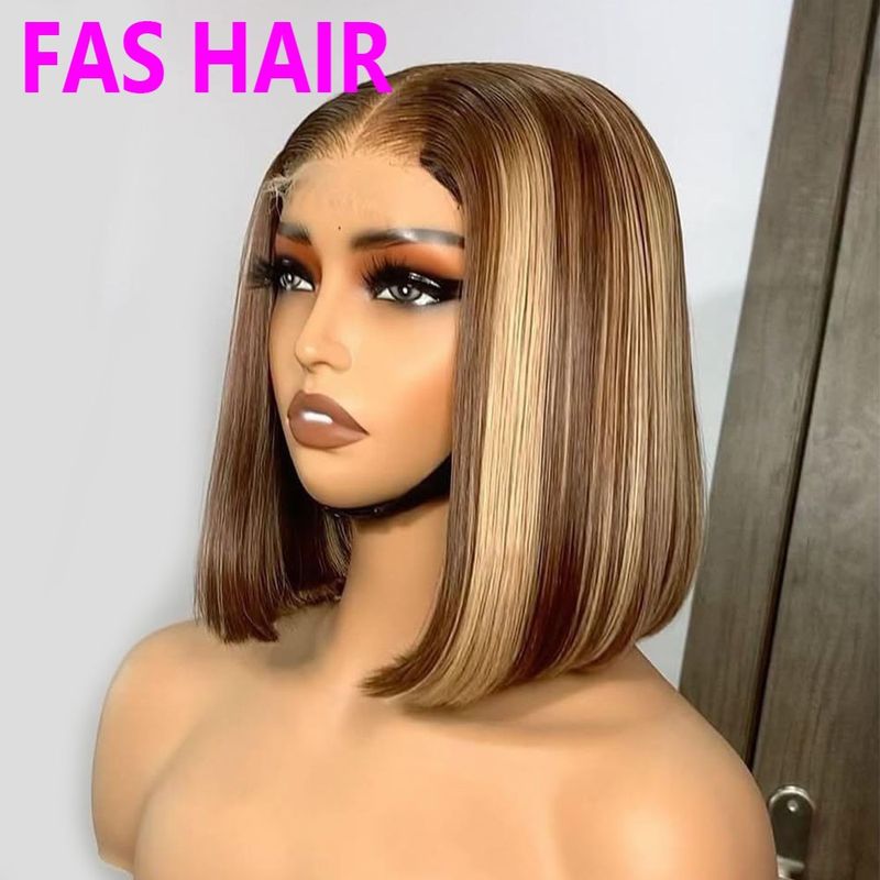 Parrucca Bob liscia come l'osso - 100% capelli umani, colore pianoforte n. 4/27 (parte anteriore in pizzo senza colla, resistente al calore, densità 180%, vestibilità europea e americana)_voghion.com