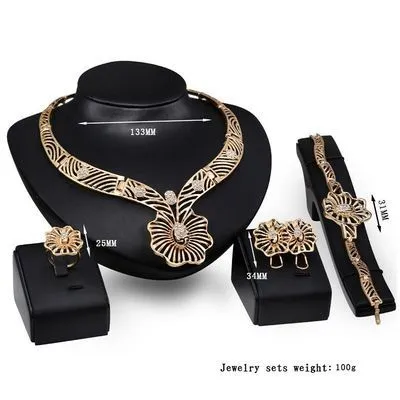 Flower shaped flower gold-plated diamond four piece set wedding evening dress clothing accessories_voghion.com