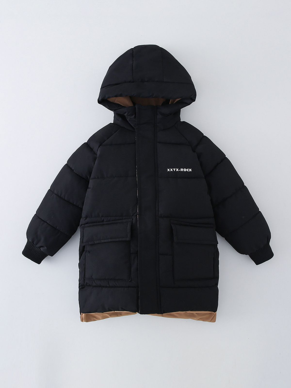 Boys' Winter Hooded Puffer Jacket – Thickened Long Sleeve Coat With Letter Print (120-170cm) – Detachable Hood, Zipper Closure – Warm & Trendy_voghion.com