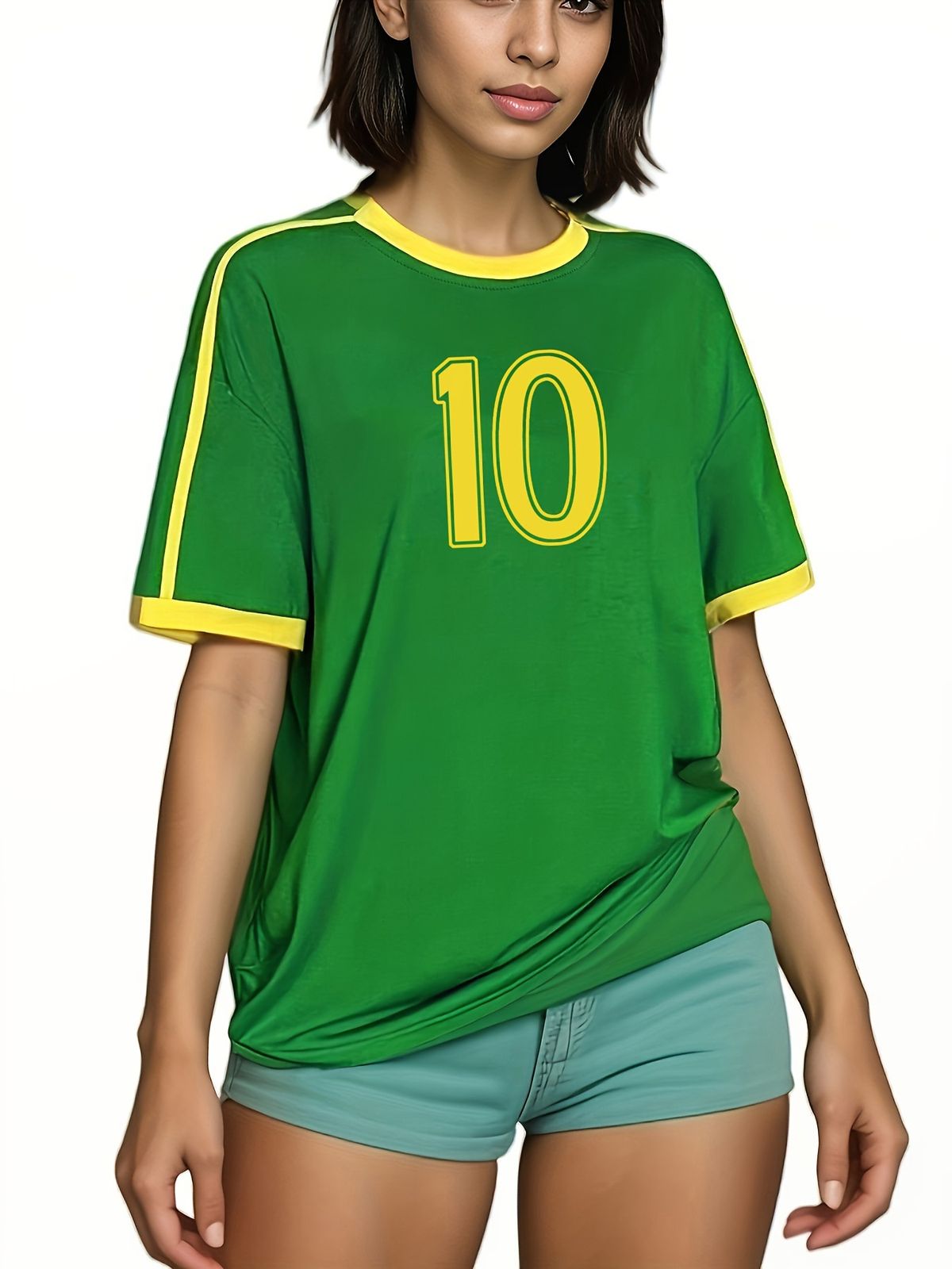 Women's Loose T-shirt Contrast Color Letter Printed Brazilian Football Sports T-shirt_voghion.com