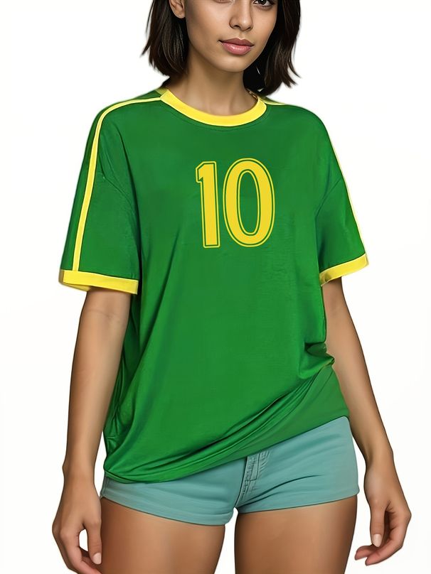 Women's Loose T-shirt Contrast Color Letter Printed Brazilian Football Sports T-shirt_voghion.com