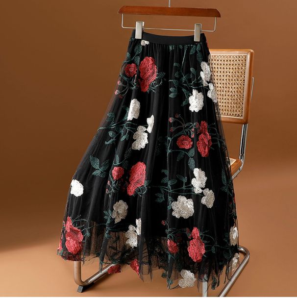 Gonna a rete ricamata con rose da donna, nuova gonna lunga a trapezio con scollo a V, gonna floreale da donna_voghion.com