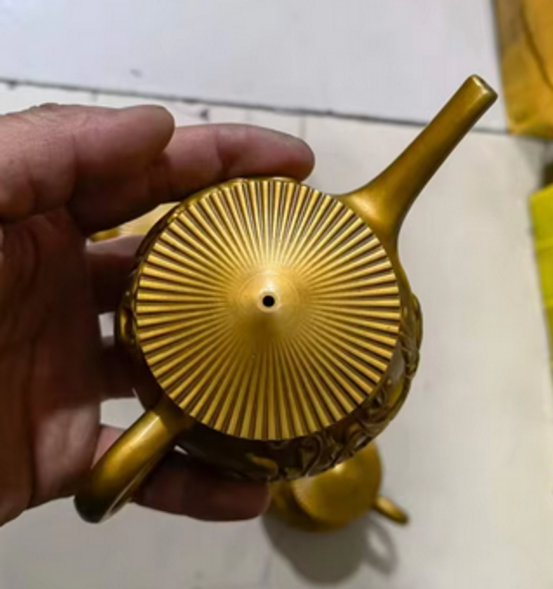 Ceainic antic din cupru pur, cu gură lungă, vechi, pescar, relief, Dragon și Phoenix, ceainic din cupru, ceainic mic pentru vin, mâner, oală Decora_voghion.com