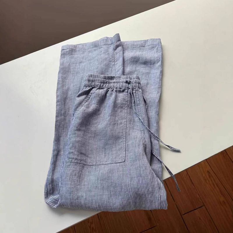 Push, Quality Material New Thin Linen Striped Drawstring Lazy Loose Feeling Wide Leg Pants For Women_voghion.com