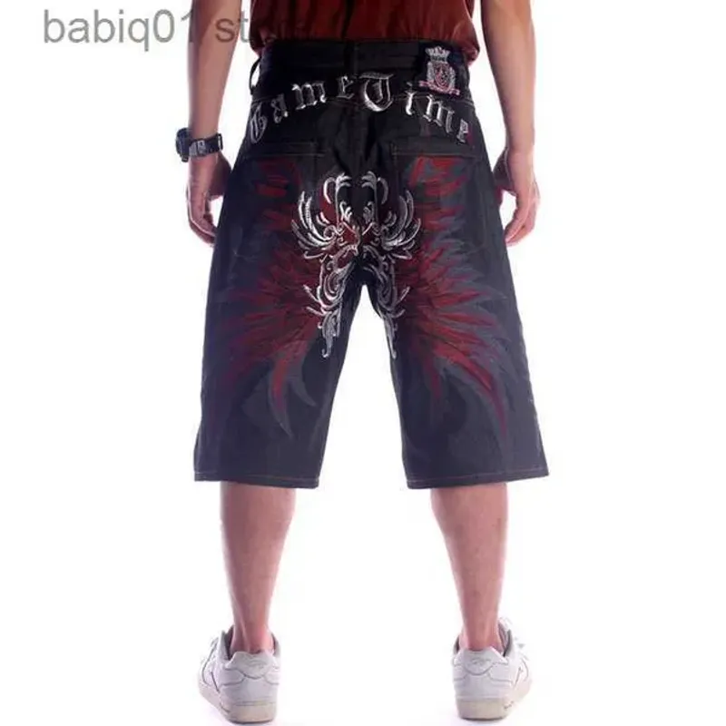 Men's Summer Casual Loose Denim Shorts Men Wing Embroidery Embroidered Jeans Male Skateboard Tide Hip Hop Cropped_voghion.com