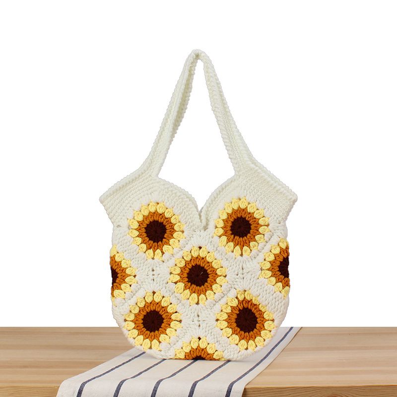 Sunflower Crochet Handbag - Cute Handmade Knitted Tote Bag With Floral Design, Versatile Women's Shoulder Bag_voghion.com