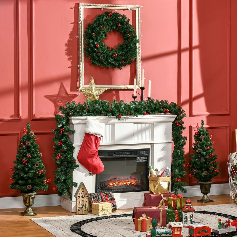 Prelit Holiday Christmas 4-Piece Set, Garland Wreath And Set Of 2 Entrance Trees With Warm White LED Lights, Red Berries, Pine Cones, Green_voghion.com