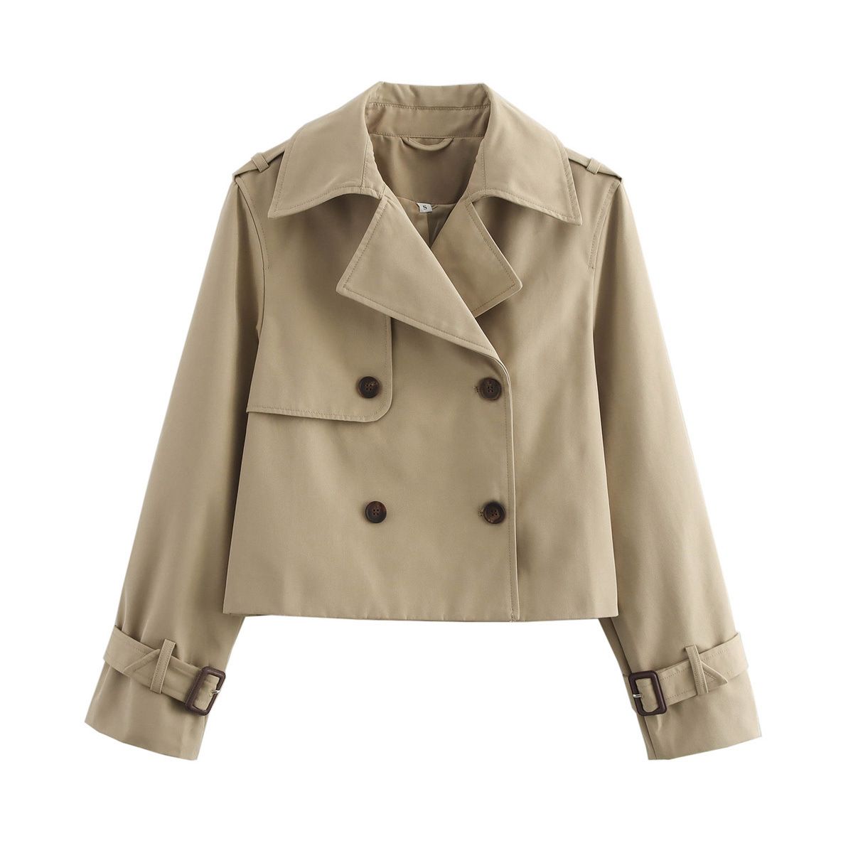 Damenbekleidung Schicke zweireihige kurze Trenchcoats für Damen – Stilvolle Revers-Crop-Jacke in Schwarz, Grau, Khaki und Dunkelbraun (S/M/L/XL)_voghion.com