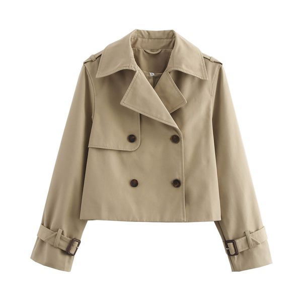 Damenbekleidung Schicke zweireihige kurze Trenchcoats für Damen – Stilvolle Revers-Crop-Jacke in Schwarz, Grau, Khaki und Dunkelbraun (S/M/L/XL)_voghion.com