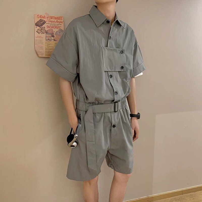 Men's Clothing Workwear Jumpsuit Ins Men's Retro Loose Short Sleeved Jumpsuit Overalls Men's Suit_voghion.com