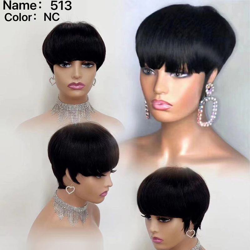 6-inch short bob with full bangs, human hair machine-made wig, multi-color optional, easy and breathable for daily wear_voghion.com