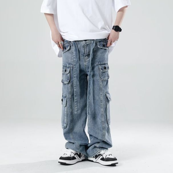 Calça Jeans Cargo Masculina High Street - Calça jeans retrô com vários bolsos, estilo descolado, corte reto e tecido de poliéster confortável._voghion.com
