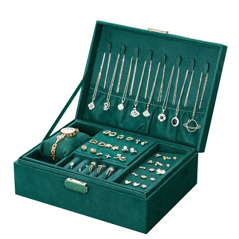 Retro Style Velvet Jewelry Box Double Layer Lock Storage Box Necklace Watch Ear Jewelry Box Large Capacity_voghion.com