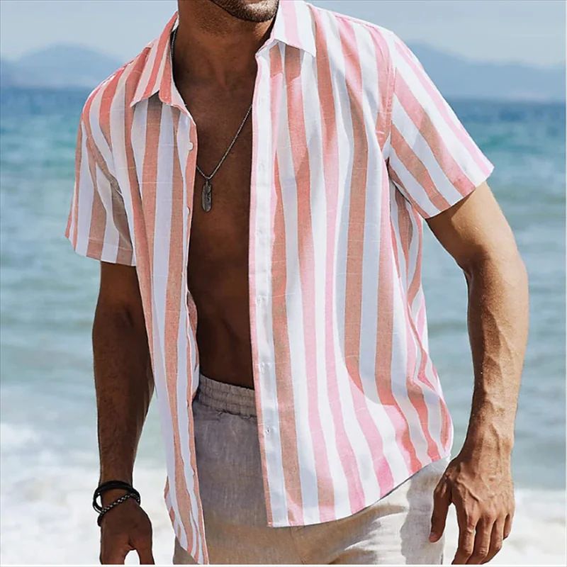 Men's Clothing Men's Shirt Summer Beach Shirt Short Sleeve Striped Inner Wear Street Vacation Print Fashion Casual_voghion.com