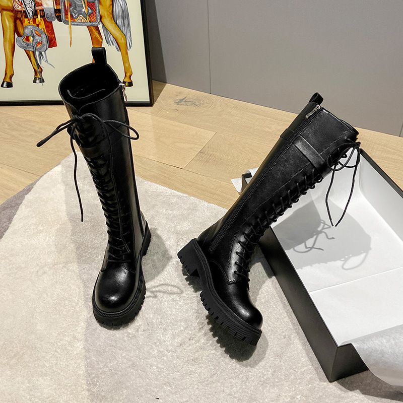 Long autumn winter 2024, new small and rise knightly for women with heels, thick soles, lace up high tube Martin boots_voghion.com