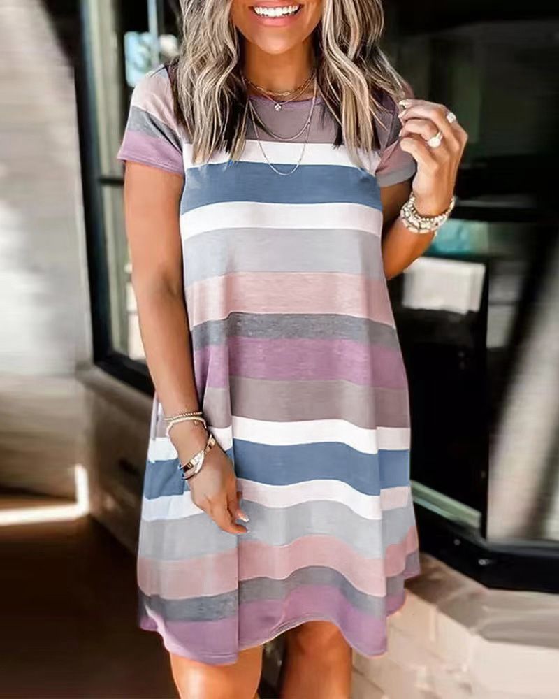 2023 Sommer-Damenkleid mit lockerem Streifendruck und kurzen Ärmeln_voghion.com