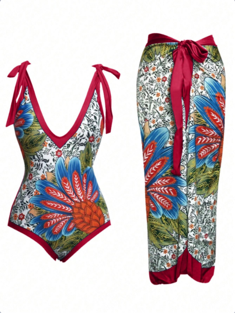 European and American conservative one piece swimsuit chiffon skirt two-piece French retro women's swimsuit_voghion.com