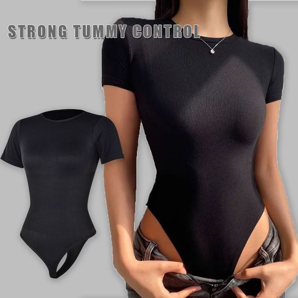 Nuovo shapewear a maniche corte con scollo tondo per donna, maglietta elastica slim fit per donna, tuta per donna_voghion.com