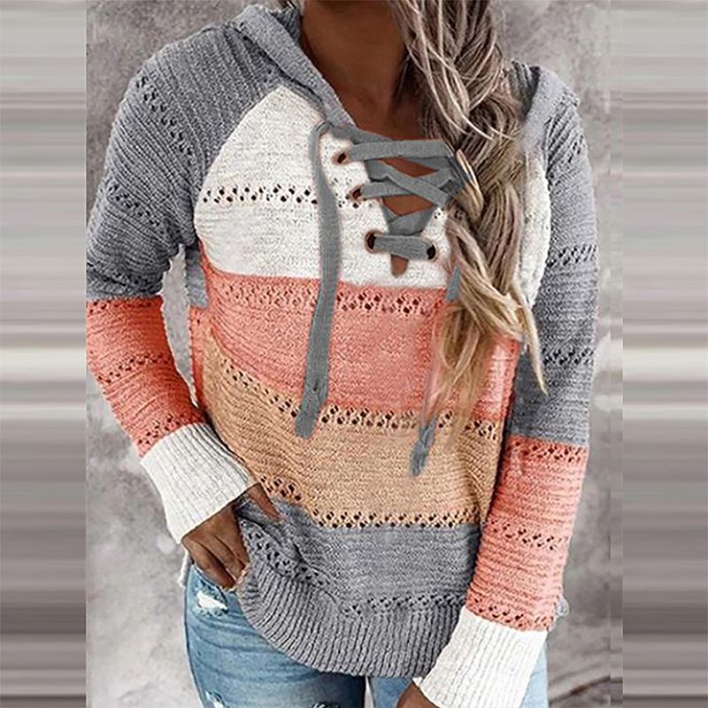 Abbigliamento da donna maglione a maniche lunghe con cappuccio abbinato in colori caldi_voghion.com