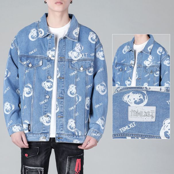 Giacca in denim unisex con stampa creativa personalizzata Bearg, ampia e non elasticizzata, con spalle cadenti, primavera e autunno 2024_voghion.com