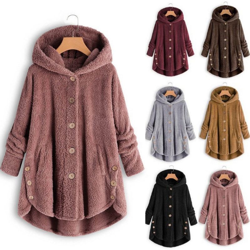 Women's button-up hooded fleece top solid color coat female hoodie fleece shirt_voghion.com