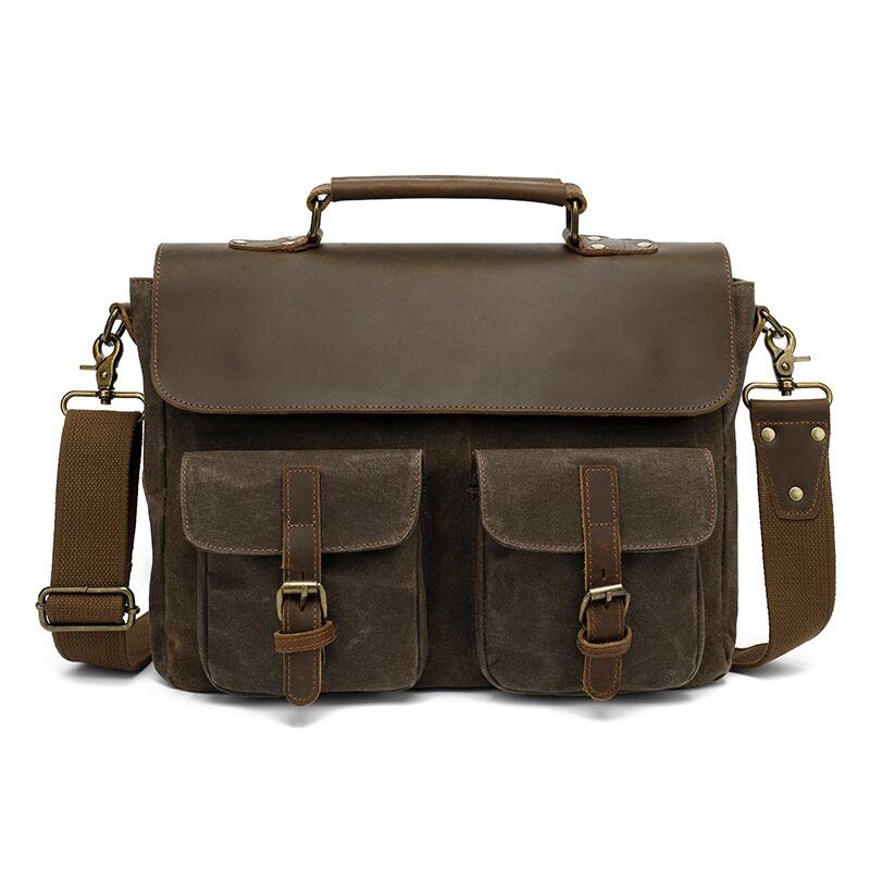 AUGUR Nuevo Bolso Impermeable de Un Hombro para Hombres de Lona para computadora portátil con Cera de Aceite de Piel de Caballo Loco_voghion.com