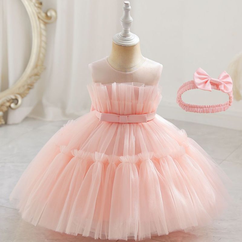 Mother & Kids New foreign trade girl one-year-old solid color sleeveless mesh dress birthday party performance puffy dress skirt_voghion.com