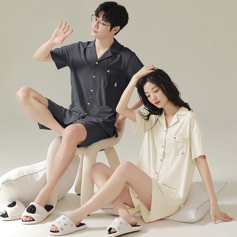 Couples' spring cardigans, lapels, pajamas, short sleeved shorts, men's and women's loose summer simple cotton home_voghion.com