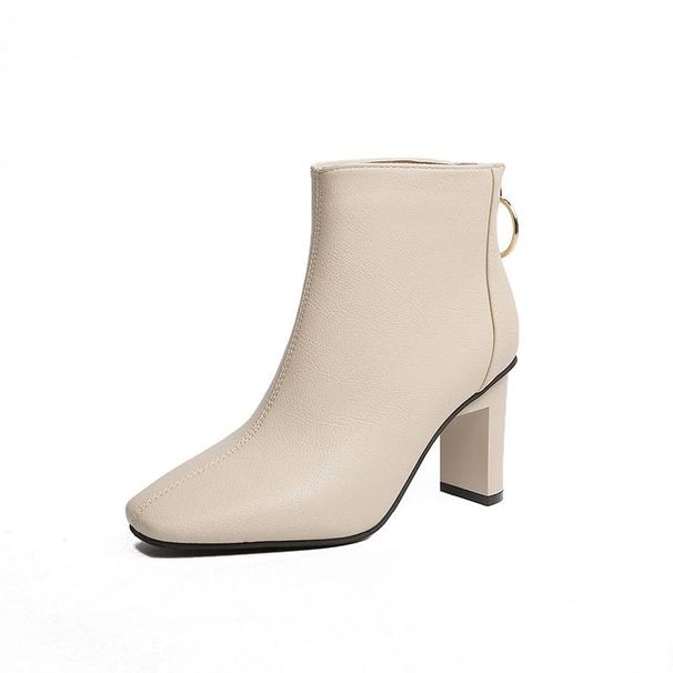2024 Autumn/Winter New Leather Boots Square Head High Heels Bare Boots Back Zipper Short Boots Thick Heels Martin Boots Women's Shoes_voghion.com