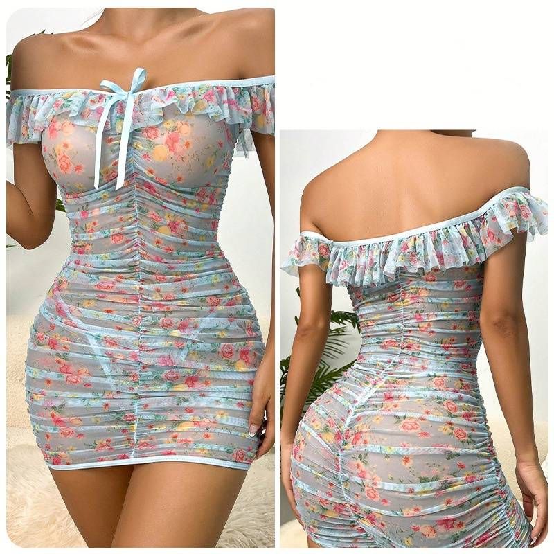 Lenjerie de dormit pentru femei Lenjerie de corp cu flori sexy cu imprimeu din plasă de pijamale cu pliseare Temptation Set cămașă de noapte_voghion.com