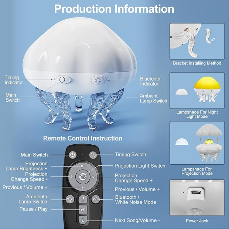 Jellyfish Projection Lamp - Dual Function- Projector And Night Light, USB Powered, Remote Control & Timer, Bluetooth Speaker - With White Noise_voghion.com