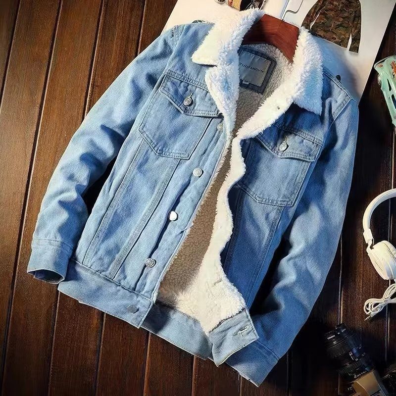 Giacca in denim con fodera in sherpa – Cappotto invernale unisex con interno in pile (100% poliestere) – Giacca da camionista streetwear oversize per uomo e donna_voghion.com